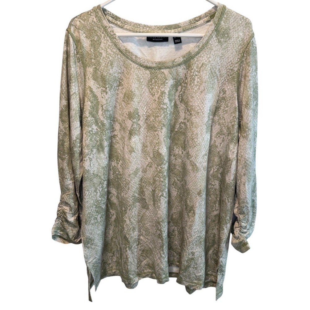 Susan Graver Womens Green Snakeskin Print Ruched Sleeve Knit Top XL NEW